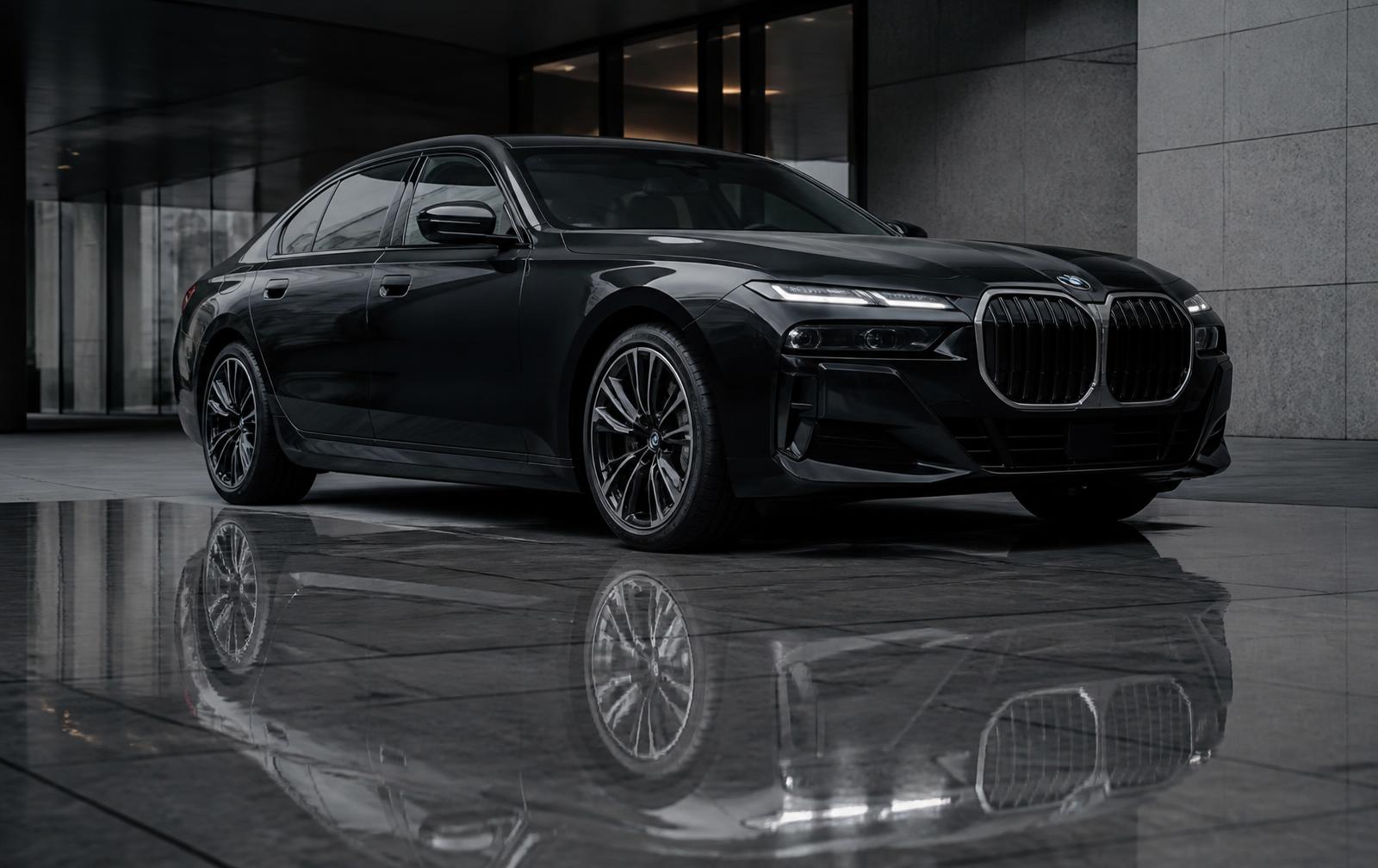 Luxury sedan reflected in a corporate lobby floor for LEED Corporate programmes